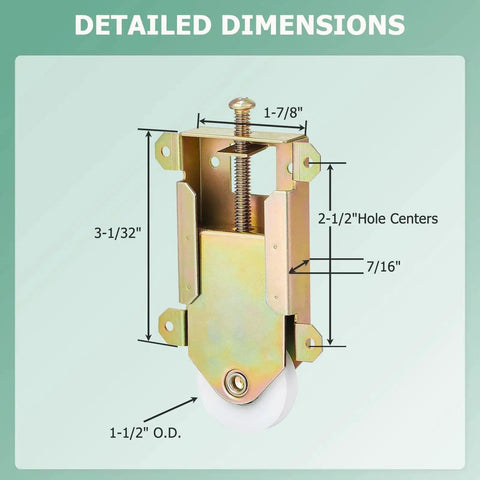 Detailed dimensions of Two Pack Sliding Mirror Closet Door Rollers Replacement, 2-1/2 Inch Wheel, Precise Fit For Wood Framed Sliding Mirror Doors, Quiet Smooth Operation, Durable Nylon Wheel Rollers For Easy Glide And Reduced Noise.