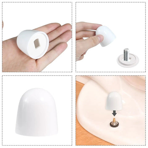 Universal Toilet Bolt Caps Pack of 6, White 1.44 Inch Round Push On Covers With Washers, Easy Snap On Installation shown in hand and on floor bolt
