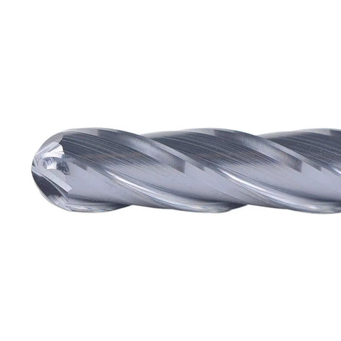 Close-up view of 4 Flute Ball Nose End Mill For CNC Milling With Quarter Inch Shank And Quarter Inch Cutting Diameter SpeTool Pro Grade 3 Inch Overall Length.