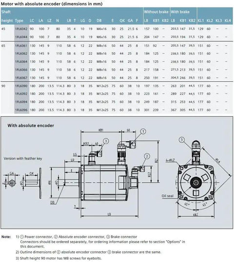 CHUNYE S-1FL6 servo motor with holding brake, 2 kW, 9.55 Nm; front and side views with encoder diagram