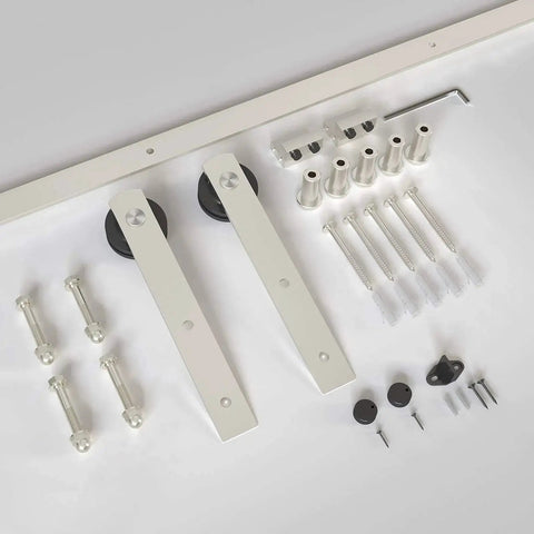 Heavy-Duty Brushed Nickel Sliding Barn Door Hardware Kit For 36-40 Inch Doors with rails, hangers, spacers, guides