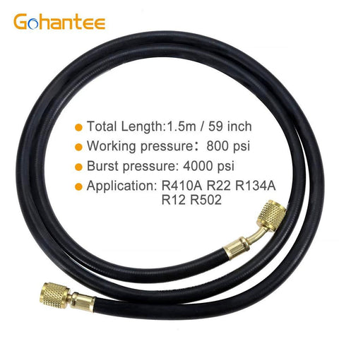 GoHantee refrigerant charging hose, 59-inch black rubber with 1/4 in SAE female flare brass fittings for R410A/R22/R134A.