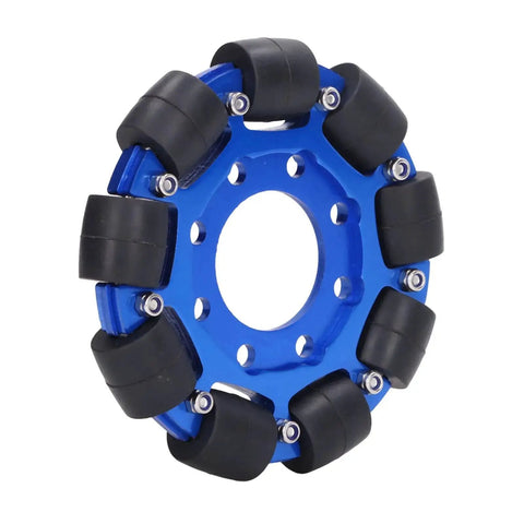 Omni Wheel 4 Inch Aluminum Hub Omnidirectional Wheel For Robotics DIY Projects, blue hub with black silicone tread