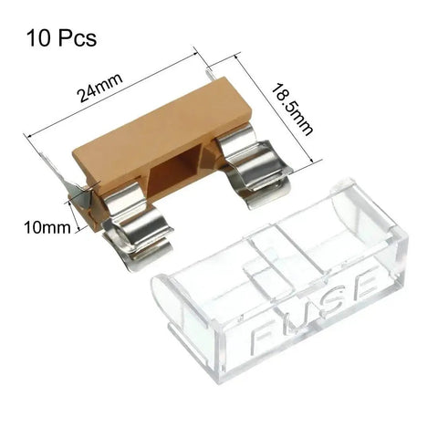 Ten Pack 5x20mm Fuse PCB Holder Panel Mount With Dual Terminals, 250V 6A, clear cover and dimensions shown