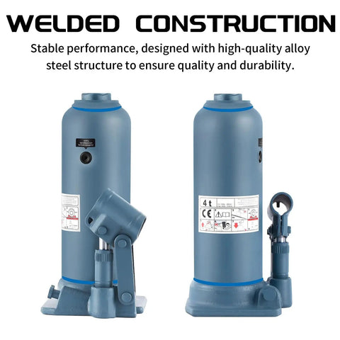 4 Ton Bottle Jack With Double Ram And Welded Construction For High Lift Range, showing alloy steel build and labels.