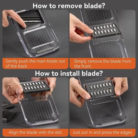 All In One Transparent Multifunctional Mandoline Slicer With 6 Interchangeable Blades showing blade removal and installation steps.