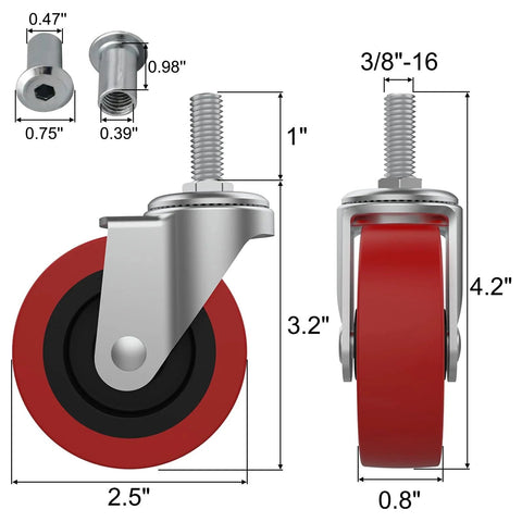 Diagram of Six Pack 2.5 Inch Heavy Duty Swivel Caster Wheels With M10x25mm Threaded Post and measurements