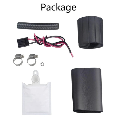 255LPH Electric Fuel Pump High Flow Replacement With Installation Kits For Cars And Trucks Drop In Direct Fit OE Tested 100 Percent New Includes Rubber Hose And Wiring Harness Ready For Quick Install package components including rubber hose, clamps, and filter.