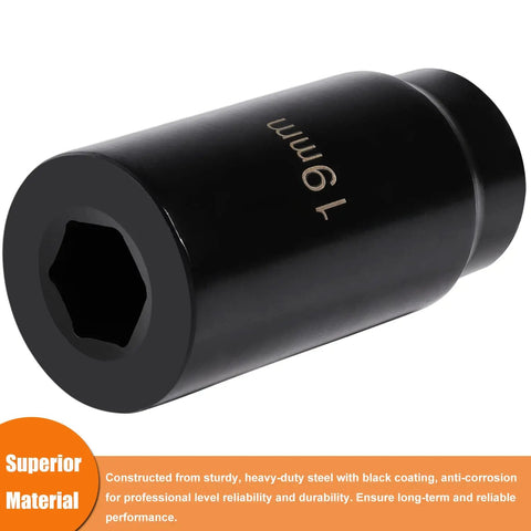 Close-up of a 19mm harmonic balancer socket tool made of heavy-duty steel with black coating for Honda engine maintenance.