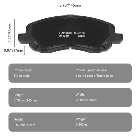 Front view of brake pad set, SUPLABEL HZ866 premium semi-metallic, 4 pcs, 5.70in long