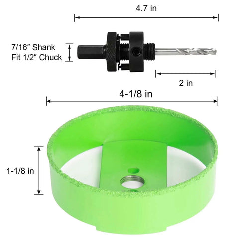 4 1/8 Inch Carbide Hole Saw For Recessed Lights With Continuous Rim Cuts Plaster And Drywall Cleanly In Ceilings 1/2 Inch Shank Fits Standard Chucks Long Life Tungsten Carbide Edge Two Times Faster, green saw with arbor and size specifications