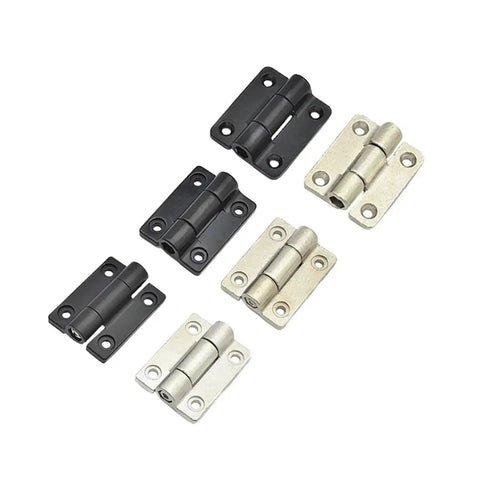 Zinc alloy torque hinge, 35.3x45 mm, nickel and black finishes, adjustable; six hinges.