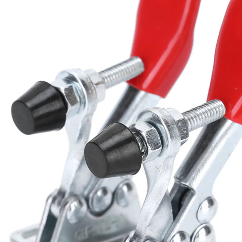 Close-up of Horizontal Toggle Clamps Set With 66 Lb Holding Capacity And Rubber Pressure Tip for woodworking jigs.