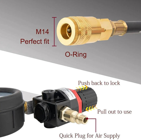 Close-up of Dual Gauge Cylinder Leak Down Tester Kit Tu 21 fittings, showing O-ring, M14 connectors, and quick plug for air supply.