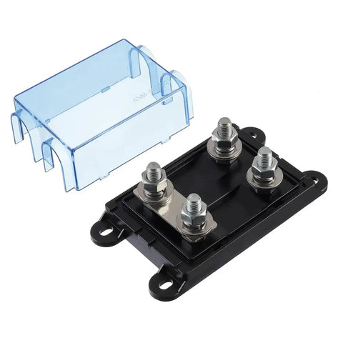 Two Way AMG Mega Fuse Holder ANM B2 Bolt On Fuse Block For One Or Two Fuses 32V DC with blue cover, black base, four bolt connections
