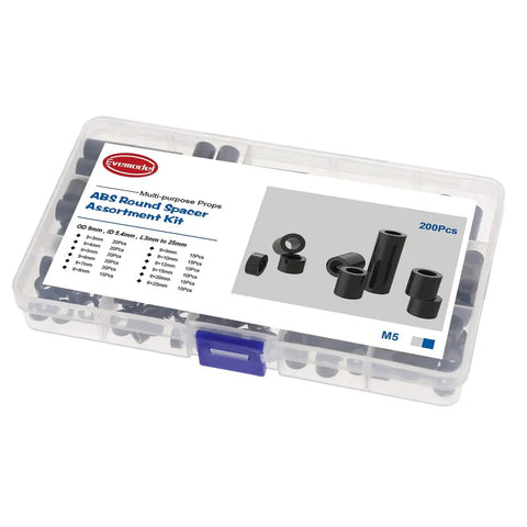 Black ABS Round Spacer Kit For M5 Screws, 200Pcs, 12 Heights From 0.11 Inch To 0.98 Inch, ID 5.4mm, OD 9mm in labeled plastic case