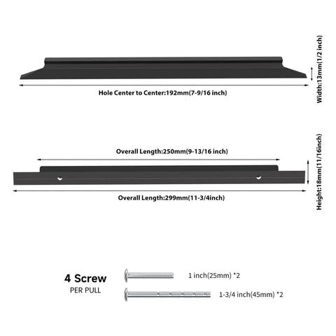 Diagram showing dimensions of 10 Pack Black Aluminum Finger Pulls for Cabinets and Kitchen Drawers, with measurements and screws.