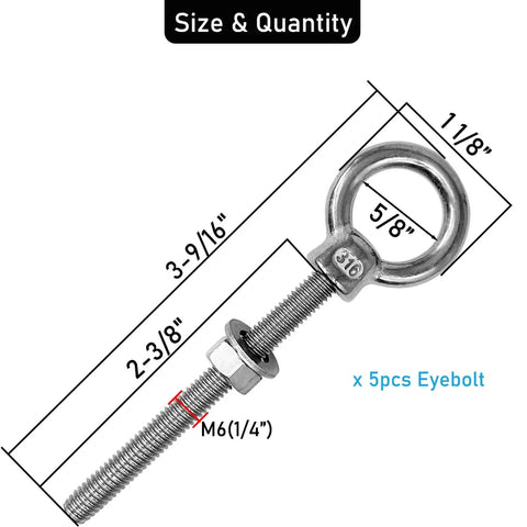 Beefy Heavy Duty Five Pack Eyebolts One Quarter Inch Diameter Two And Three Eighths Inch Length Threaded With Nuts And Washers Marine Grade 316