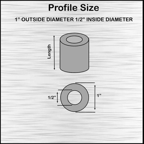 Diagram showing dimensions of Steel Spacer 1 Inch OD x 1/2 Inch ID Round Unthreaded Standoff Bushing 2 Inch Length 5 Pack for 1/2 or M12 Bolts.