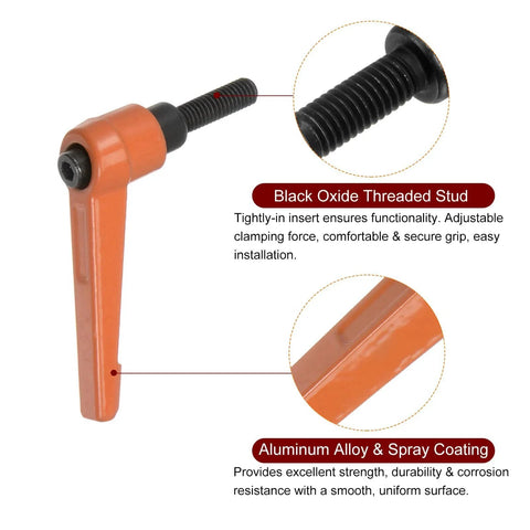Orange aluminum alloy clamping lever handle with M6 20mm male thread, black oxide threaded stud, highlighting durability and corrosion resistance.