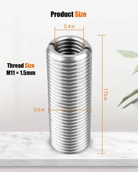 Close-up of a stainless steel upgrade head bolt thread insert kit M11 x 1.5 for Toyota Camry 2002-2013 2AZFE engine.