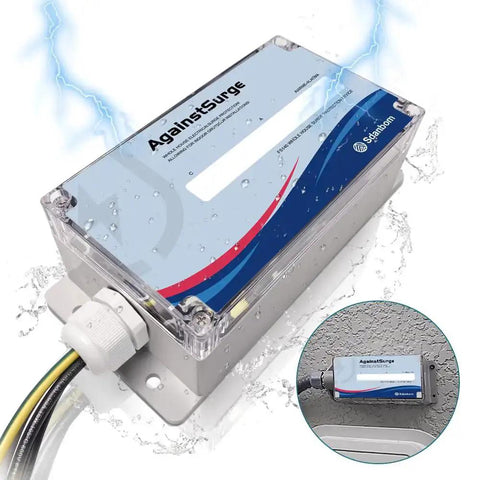 Heavy Duty Whole House Surge Protector Rated At 140,000 Amps That Safeguards Your TV, Computer, Smart Appliances, HVAC And More, Easy Install Plug And Play Home Surge Guard For Solid Peace Of Mind, shown with clear casing and status LEDs.