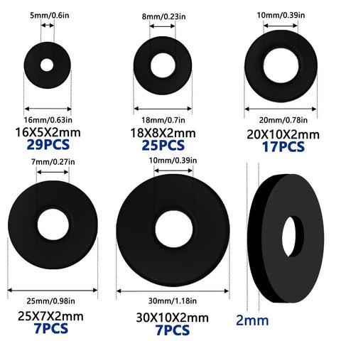 85 Piece Flat Rubber Washers Assortment Kit For DIY Fixes And Everyday Home Repairs With Five Sizes 16Mm X 5Mm, 18Mm X 8Mm, 20Mm X 10Mm, 25Mm X 7Mm, 30Mm X 10Mm Thick 2Mm Sealing Gaskets