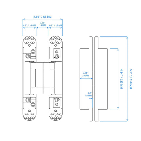 Technical diagram of Concealed Door Hinges For 180 Degree Swing, 3 Way Adjustable, Black 6 Inch Pair with measurements.