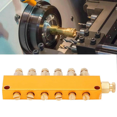 Adjustable Brass Oil Distributor Valve For Lubrication Systems installed in CNC machine with visible brass valve and distribution outlets