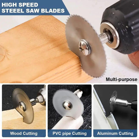 Versatile Drill Saw Blades Kit For Rotary Tools With Six HSS Disc Blades And Two One Eighth Inch Shanks Plus One Quarter Inch Shank For Wood Plastic Aluminum Cutting Includes Screwdriver For Dremel And Other DIY Tools showing cutting various materials.