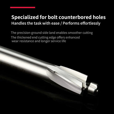 Close-up of M4 Straight Shank Counterbore End Mill 4 Flute HSS Cutter with 6mm Shank and 8mm Cutting Diameter for metal milling.