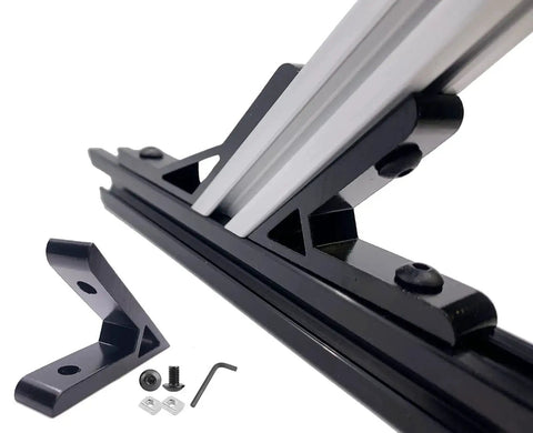 Side view of Eight Corner Bracket Set for 20 Series Aluminum Extrusion with mounted 45-degree bracket, screws, T-nuts, and hex wrench shown separately.