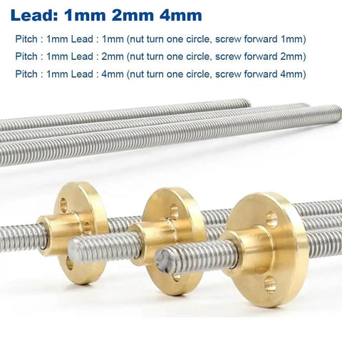 1Mm Pitch Threaded Rod For 3D Printers With Brass Nut, T5 Stainless Steel Trapezoidal Rod Lead 1Mm, Lengths 100Mm To 1000Mm