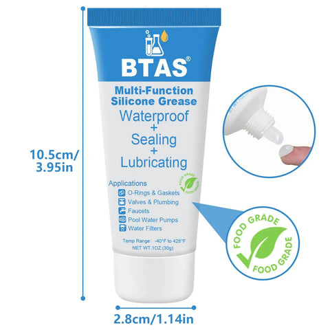 Tube of food-grade silicone grease labeled for faucets and O-rings, 1 oz size, NSF approved, used for waterproof sealing and lubrication.