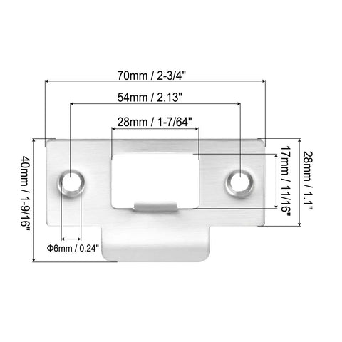 Diagram of Stainless Steel Door Strike Plate Set Of 2 With Screws For Interior And Exterior Doors, Big Hole T-Strike Backplates, 2-3/4 Inch (70 X 40 Mm), Silver Finish, showing dimensions.