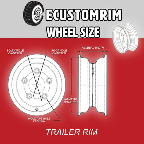 Diagram showing wheel size dimensions for trailer rim, including bolt circle, pilot hole, mounting hole pattern, and rim width.