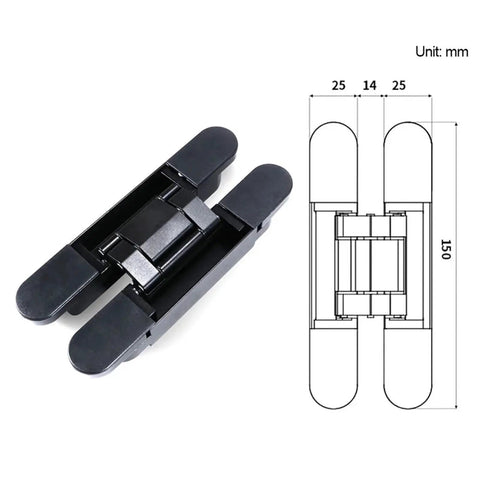 Folding Cross Door Hinge Heavy Duty Invisible Stainless Steel Concealed 3D Hinge for Doors, slick black finish, diagram included.