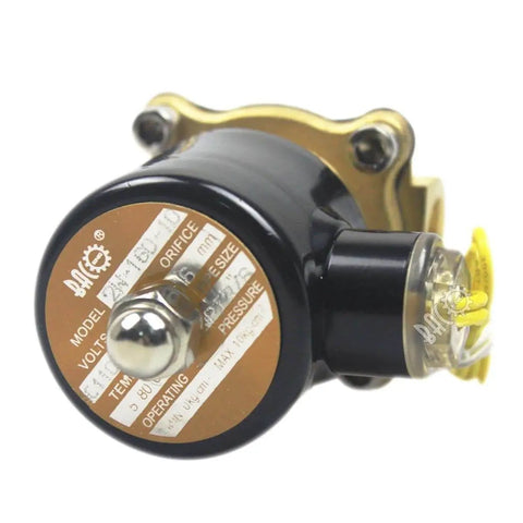 Close-up of 3/8 Inch Brass Electric Solenoid Valve, 12V DC Normally Closed, NPT Thread, for water or air lines, durable brass body