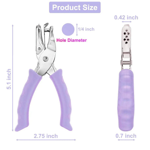 One Hole Puncher For Paper Crafts With Purple Soft Grip Handle Three Pack Handheld Circle Punch For Home Office Classroom Use Kid Friendly For Adults And Kids One Quarter Inch Hole Size, front and side view with dimensions.