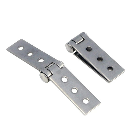 3 Inch Silver Stainless Steel Folding Butt Hinges For Furniture Doors Frameless Glass Windows 2 Pack, 6 Hole, 84mm x 16mm x 1.5mm, 200 Degree Opening, Durable Crafts Hinge Set shown on white background.