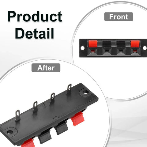 Front and side views of 4 Way Spring Terminal Clip Push Release Connector Plate Jack Socket For Speaker Terminal Strip Jointing Clamp Test Clip WP4-7 2Pcs Red And Black Color Coding Durable Plastic Copper Build DIY Audio Speaker Upgrades And Pro Projects
