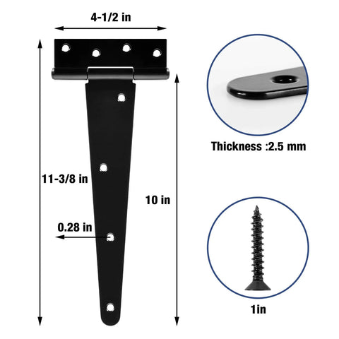 10 Inch T Strap Shed Door Hinge Heavy Duty 2 Pack Gate Hinge with size and screw details, matte black finish, for barn and farm use.