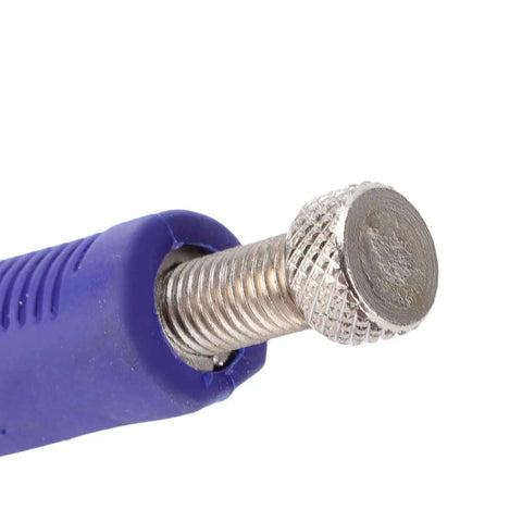Close-up of adjustable screw on 10 Inch Locking Sheet Metal Clamp Duckbill Pliers With Adjustable Screw, blue handle visible