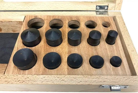 Disc Cutter Set For Jewelry Making With Hardened Steel Punch Tools, Pro Grade, in secure wooden storage box, top view