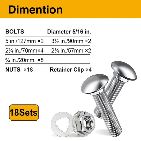 Heavy Duty Wheelbarrow Carriage Bolts And Nuts Kit With 304 Stainless Steel Hardware In Five Inch Three And A Half Inch Two And Three Quarter Inch And Three Quarter Inch Lengths Includes Flange Hex Nuts Nylon Retainer Clips 18 Sets diagram with bolts, nuts, and clips