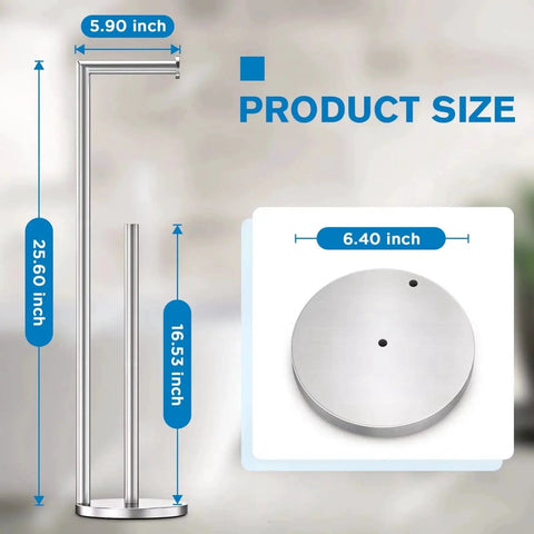 Brushed Nickel Free Standing Toilet Paper Holder Stand with Space for One In Use Roll and Three Spare Rolls, size dimensions highlighted