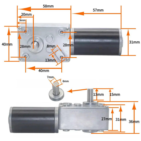 Top and side view of 12V DC Worm Gear Motor With Gearbox 9RPM Dope Low Speed Precision Drive with detailed measurements shown