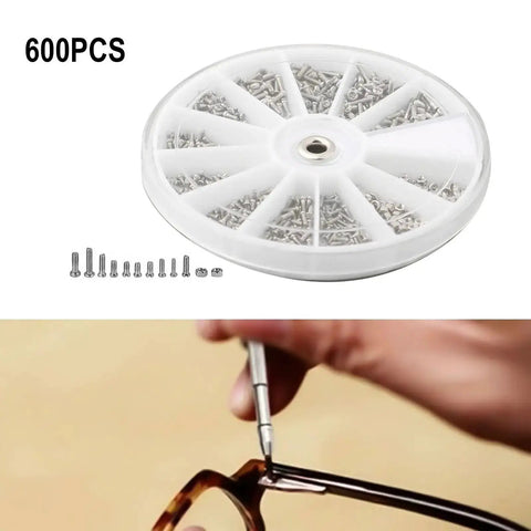 All In One Stainless Steel Screw And Nut Kit With 600 Pieces For Watch Repair Eyeglasses And Electronics M1 M1.2 M1.4 And M1.6 Fasteners Handy For DIYers And Pros In A Plastic Storage Box shown with screws and a person repairing eyeglasses.