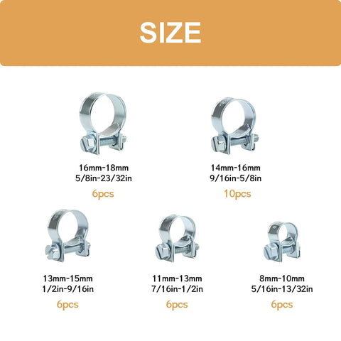 zDwfDc 34-piece fuel injection hose clamp set in zinc-plated metal, sizes 8–18 mm for automotive fuel lines