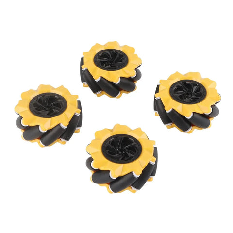 Mecanum Wheel Set For Omni Directional Robot Car, 80mm rubber coated wheels in yellow and black, two pairs included for DIY use.